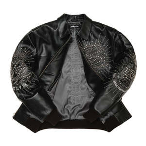 Veste universitaire en cuir de vache écologique imperméable avec logo brodé personnalisé, patchwork en cuir de mouton noir et col montant en cuir PU - Product Image 1