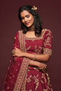 Burgundy Embroidered A-Line Floor-Length <b>Lehenga</b> Choli Set Silk Wedding Outfit Traditional Women Party Dress - Product Image 6