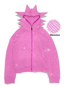 Sudadera con capucha de mujer personalizada con cremallera, pedrería y capucha con púas, estilo casual urbano, con efecto ruborizado, venta al por mayor - Product Image 3