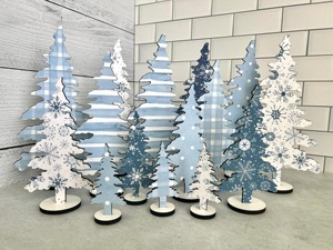 Wooden Christmas <b>Tree</b> Set Blue White Snowflake Pattern Tabletop Decor <b>Indoor</b> Holiday Display Pine Shape MDF Craft <b>Trees</b> - Product Image 1