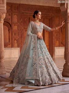 Elegant Light Blue Organza Traditional Bridesmaid <b>Lehenga</b> Beaded Embroidery V-Neck Crop Top Three Quarter Sleeve A-Line - Product Image 4