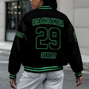 Veste universitaire personnalisée pour femmes Iota Phi Lambda, noire avec contour vert, lettres, blason, numéro et année, style bomber - Product Image 2