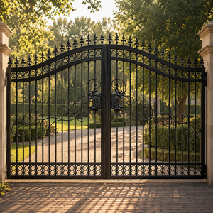 Elegante puerta doble de entrada de hierro forjado negro con remates curvos en la parte superior, adornos decorativos y diseño clásico para entrada residencial. - Product Image 6