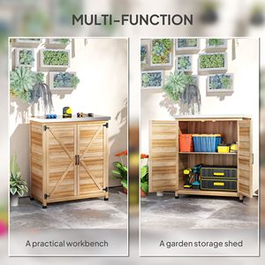 Tavolo da Preparazione per Giardino/Patio in Legno Naturale con Piano in Metallo, Doppie Ante e Ripiano - Product Image 4