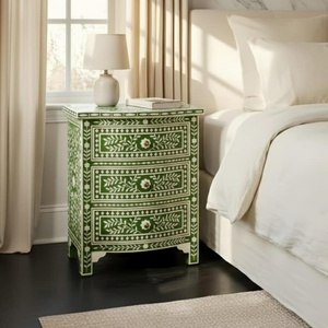 Handmade <b>Blue</b> White Floral Inlay Nightstand With 3 Drawers Traditional Bedroom Furniture Antique Style Wooden Storage Cabinet - Product Image 2