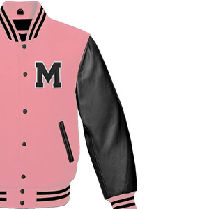 Veste universitaire rose pour homme, manches en cuir PU, lettre M brodée, style preppy, coupe classique, col rabattu, automne - Product Image 6