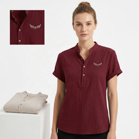 Chemise à manches courtes en lin et coton pour homme, col en V, logo brodé, coupe décontractée, respirante, couleur unie