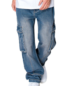Jean cargo bleu délavé pour homme, coupe large, taille mi-haute, fermeture éclair, décontracté, avec plusieurs poches, personnalisable - Product Image 3
