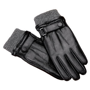 Classic Black Leather Winter Gloves for Men Touchscreen Capable Wool Knit Wrist Cuff and Snap Button Driving & Riding Gloves - Product Image 2