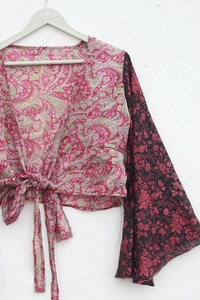 New Arrival Short Woven Eco-Friendly Recycled Silk Wrap Tie Top Bell Sleeve Kimono <b>Gift</b> <b>for</b> <b>Her</b> Floral - Product Image 2