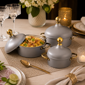 Juego de Cazuelas de Acero Inoxidable Aisladas de Lujo en Gris con Asas Doradas, Aptas para Alimentos, Ollas para Servir, Utensilios de Cocina Premium, Regalo - Product Image 4