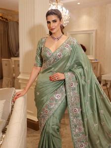 Sari en tissu de soie douce avec broderie C Pallu et bordure ajourée, et pièce de blouse non cousue en soie slub avec broderie - Product Image 6