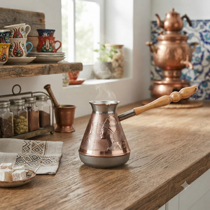 Cafetera Turca de Cobre Estilo Nefertiti Egipcio, Cezve Vintage, Ibrik Árabe, Briki Griega, Calentador de Leche para Estufa con Asa de Madera Torneada - Product Image 2