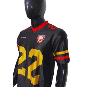 Camiseta de Fútbol Americano Personalizada Sublimada 100% Poliéster para Fanáticos |   Uniforme de Equipo Rojo Negro Dorado |   Cuello en V, Numerado, Transpirable - Product Image 2