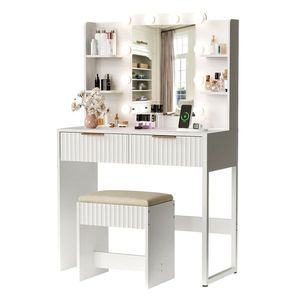 2-Drawer 4-Shelf <b>Dressing</b> <b>Table</b> Set with White Particleboard Melamine Finish 10 Three-Tone Light Bulbs Included Makeup <b>Vanities</b> - Product Image 2