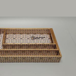 ชุดถาดเสิร์ฟลายดีไซน์เนอร์ ทำจาก MDF เคลือบเงาอย่างดี ลายพิมพ์สีเทาและทอง  แบบซ้อนเก็บได้ - Product Image 2