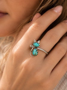Genuine Turquoise <b>Cat</b> <b>Ring</b> Twisted Rope Band 925 Sterling Silver Animal Lover Jewelry Handmade - Product Image 1