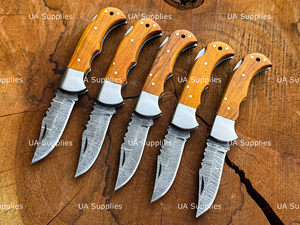 Foldable EDC Handmade Damascus Steel Blade Clip Point Pocket <b>Knife</b> Olive Wood <b>Handle</b> OEM Available Leather Sheath Outdoor <b>Knife</b> - Product Image 4