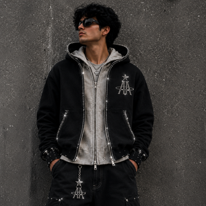 OEM Custom Bling <b>Rhinestone</b> Layered Hoodies Women Vintage Wash Oversized Zip <b>Jacket</b> Luxury Streetwear Manufacturer - Product Image 1