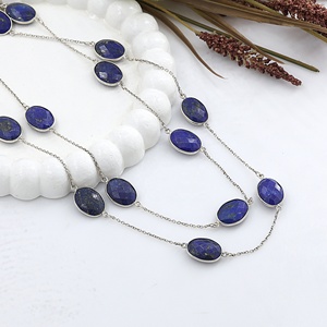 Natural Lapis Lazuli Station <b>Necklace</b> 925 Sterling Silver Bezel Set <b>Long</b> Gemstone Chain <b>Necklace</b> for Women - Product Image 4