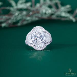 Luxury 18K White Gold Oval Cut 3-Stone Engagement <b>Ring</b> with Half <b>Moon</b> Side Stones Continuous Halo - Product Image 1