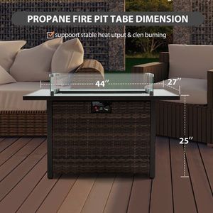 Mesa de fuego de gas propano de 50,000 BTU, brasero exterior con tapa, protector de viento de vidrio para chimenea, base de mimbre para jardín, patio y patio trasero - Product Image 4
