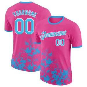 Camiseta de Fútbol Sublimada Personalizada en Rosa y Azul, Unisex, de Secado Rápido, Poliéster, con Nombre y Número del Equipo, Cuello Redondo, Manga Corta, para Adultos - Product Image 1