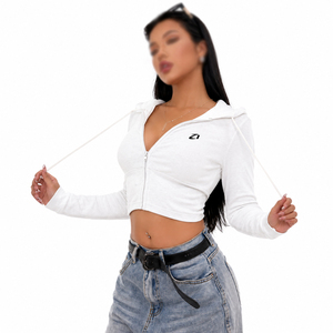 Wholesale Sexy Women's <b>Cropped</b> <b>Zip</b> <b>Up</b> Hoodies Solid Color Slim Fit Drawstring Lightweight Cotton Blend Custom Logo Manufacturer - Product Image 2