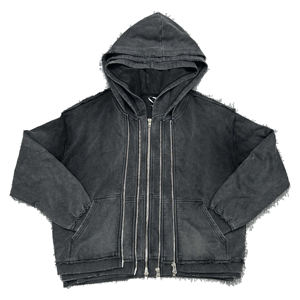 Acid Washed Men's Zip Heavyweight Winter Hoodies 100% Cotton Fleece Multi-Layer Distressed Embroidery <b>Streetwear</b> - Product Image 1