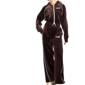 <b>Women</b> Solid Polyester <b>Velour</b> 2-Piece <b>Tracksuit</b> Set Zip-Up Hoodie and Long Jogger Pants Full-Zip Casual Wear Autumn - Product Image 1