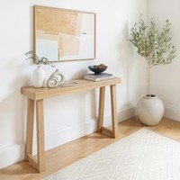 Console moderne en bois massif avec pieds en tréteaux, meuble d'appoint pour entrée, couloir, design scandinave, décoration de salon