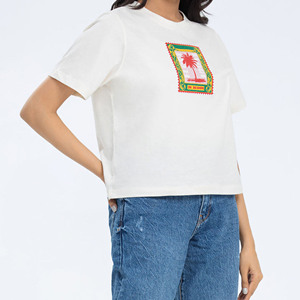 เสื้อยืดครอปสีขาว คอกลม แขนสั้น พิมพ์ลายต้นปาล์ม ผ้าฝ้าย 100% ทรงหลวม สวมใส่สบายๆ สำหรับฤดูใบไม้ผลิและฤดูร้อน - Product Image 1