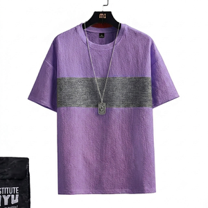 T-shirt personnalisé pour homme, violet clair, tissu texturé, bande grise sur la poitrine, manches courtes, décontracté, coupe oversize, tendance été - Product Image 1