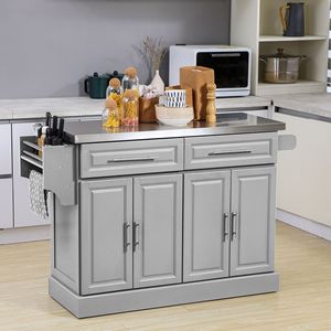 Carrello da Cucina Grigio in Bambù, MDF e Pino con Piano in Acciaio Inox, Cassetti, Ripiani e Armadietti su Ruote - Product Image 2