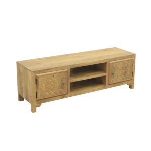 Handcrafted Mango Wood TV Console <b>Rustic</b> Media Cabinet Storage Unit Double Door Open <b>Shelf</b> Entertainment Furniture Natural Finis - Product Image 3