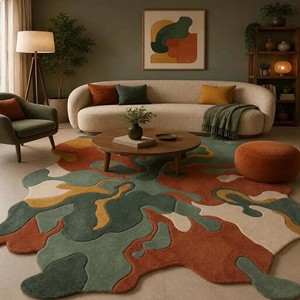 Alfombra de Área con Forma Orgánica Abstracta, Irregular, Moderna, con Mechones, en Verde, Terracota, Mostaza y Crema, para Sala de Estar o Dormitorio - Product Image 1