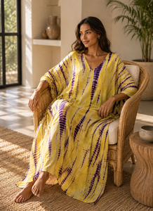 Vestido Maxi Amarillo y Morado con Estampado Tie-Dye, 100% Algodón, Cuello en V, Estilo Bohemio, Largo hasta el Suelo, para Mujer, Ideal para Fiestas, Corte Moderno - Product Image 4