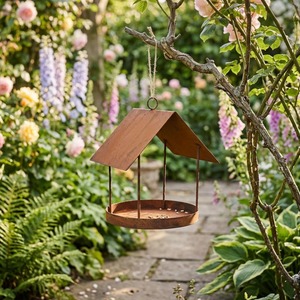 Mangeoire suspendue pour oiseaux avec toit, décoration de jardin extérieur, résistante aux intempéries, fixation sur piquet, finition naturelle, décorative - Product Image 5