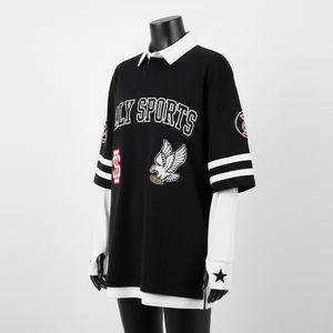 Maillot de rugby pour femme en coton et polyester de qualité supérieure, double couche, manches noires, empiècements rayés, logo brodé, maillot de rugby pour femme en coton - Product Image 4