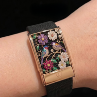 Montre connectée unisexe de luxe avec mosaïque botanique d'oiseaux et pierres précieuses exquises, bracelet rectangulaire léger et élégant en ton argenté