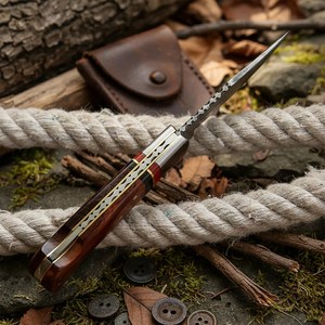 Couteau pliant de camping en acier Damas fait main UA Supplies, lame à pointe clip, manche en bois, mécanisme d'ouverture coulissant, couteau de poche EDC - Product Image 6