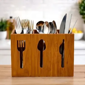 Eco-Friendly Mango Wood Utensil Holder 3 Compartment Rectangle Minimalist <b>Kitchen</b> <b>Storage</b> <b>Box</b> for Fork Spoon Knife Tableware - Product Image 1