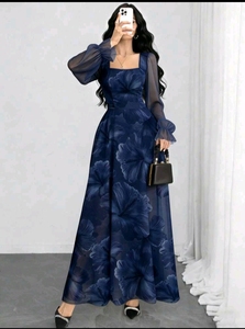 Woman's Floral Maxi <b>Dress</b> Full Sleeves <b>Dress</b> Square Neck A Line Long <b>Dress</b> for Party Holiday - Product Image 2
