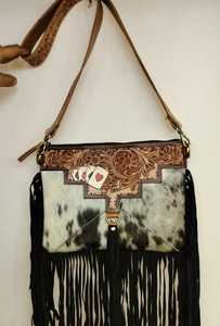 Vintage Geometric Kilim Basketweave <b>Leather</b> Lady Handbag | Genuine <b>Leather</b> <b>Tooled</b> Fringe Shoulder Bag | Ethnic Western Clutch - Product Image 4