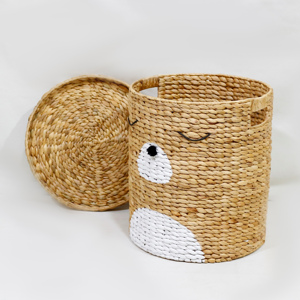Eco Friendly Woven Water Hyacinth Cute Bear Laundry <b>Hamper</b> Storage <b>Basket</b> with Lid - Product Image 5