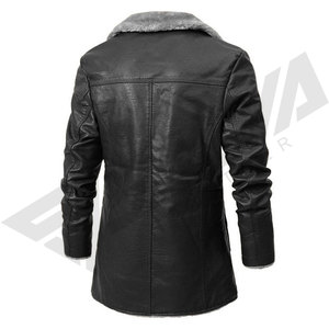 Chaqueta Larga de Cuero PU Negra para Hombre con Forro de Piel Sintética, Cuello en V, Cálida, Bordada, Resistente al Viento, Estilo Motero, Corte Ajustado, Abrigo de Invierno - Product Image 2