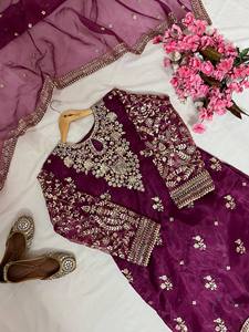 <b>Women's</b> Purple Embroidered Silk <b>Kurta</b> Set With Gold Thread Work Floor-Length Traditional Indian Pakistani Wear All Seasons - Product Image 4
