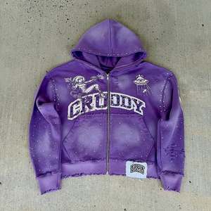 Custom Rhinestone Distressed Zip Hoodie Vintage Wash Graphic Streetwear Hoodie Heavyweight Cotton Fleece Cropped Fit OEM Hoodies - Product Image 1
