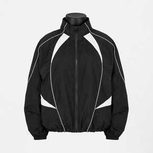 Veste de course coupe-vent noire pour homme avec blocs de couleur blancs, col montant et fermeture éclair – Idéale pour l'automne - Product Image 1