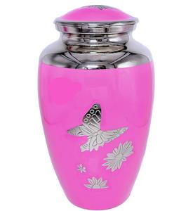 Urna Funeraria de Metal Amarillo Grabada con Mariposa Plateada Rosa Clásica de AHO para Cenizas de Adultos, 200 Pulgadas Cúbicas - Product Image 1